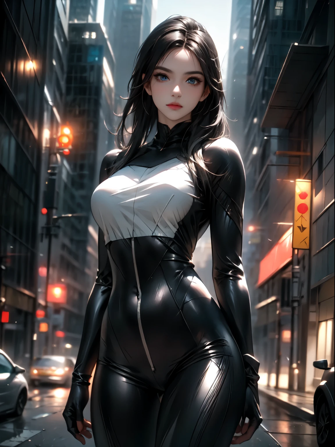 ((best quality)), ((masterpiece)), (detailed), 1girl, off-shoulder sweater, (masterpiece), (best quality), looking at the audience, Positive characters,4K,Fine facial depiction,Black hair,Blue eyes,Face Focus,Half Body,Black long hair realistic, high resolution, Soft Light,1 female, Solitary, Hip lift, (Delicate face), long dark hair, Agent, , Cyberpunk, Cyber Armor,Luminescence, on the street,Racing suits,Black and white color,Tight black latex suit,Neat hair,Dark Luminescence Background