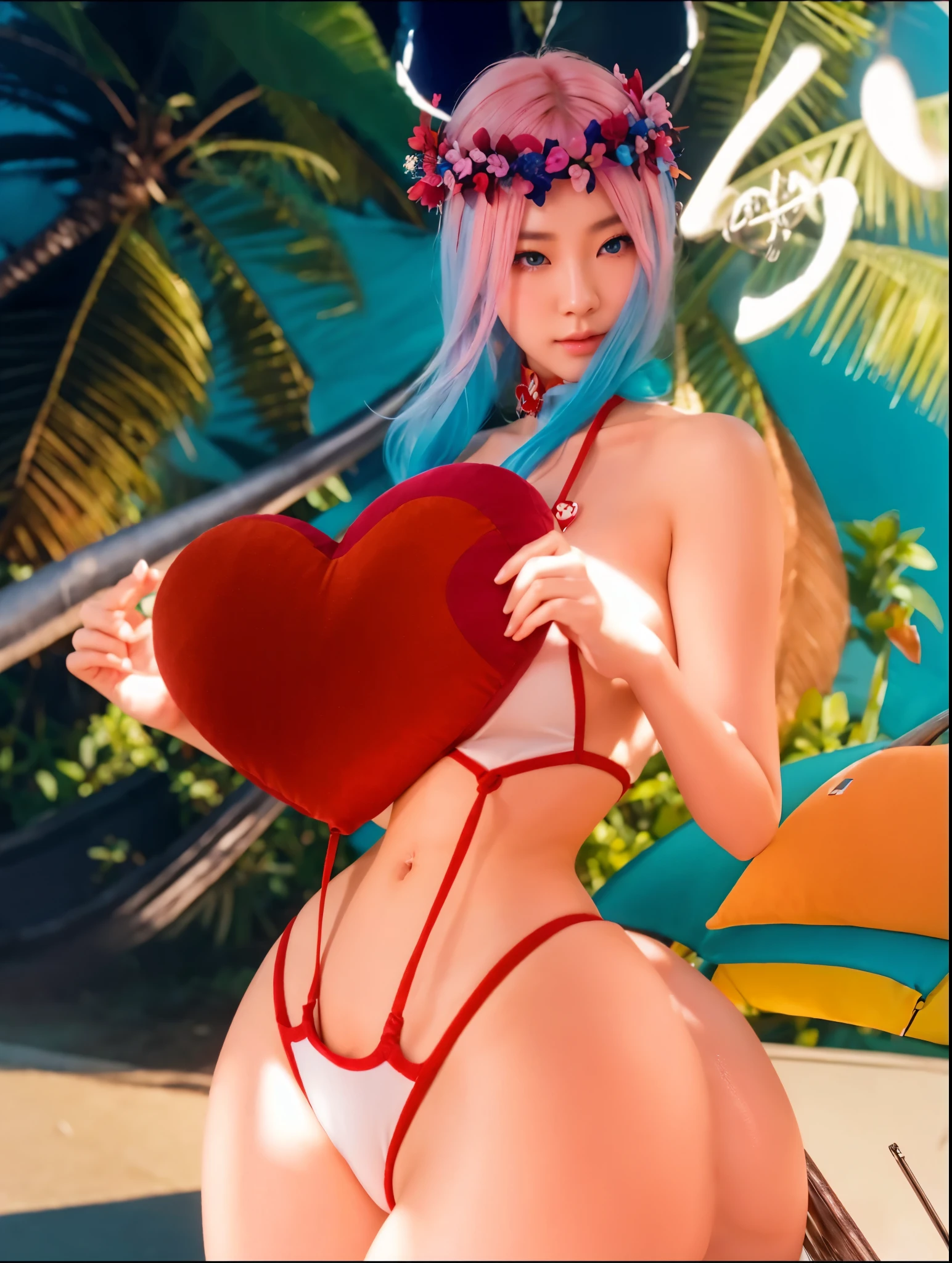 A realistic picture of a beautiful korean woman, beautiful blue eyes,eyelashes,holding a red heart pillow,curved body,soft skin,white skin,pink hair, super realistic, high detailed, ultra HD 