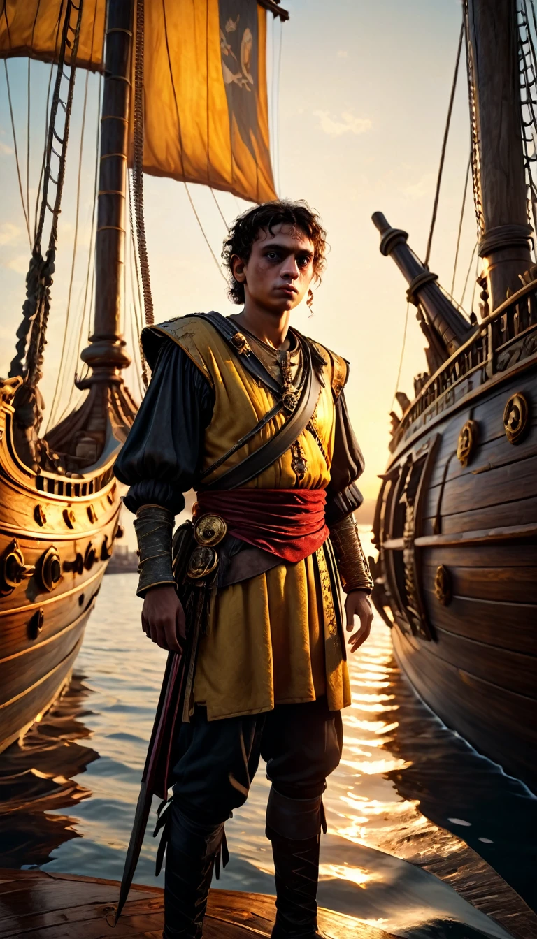 As the sun began to set, The warm golden hues of the sun illuminated his ornate attire, casting a warm glow across the area, Julius Caesar writing poetry on a pirate ship, background dark, hyper realistic, ultra detailed hyper realistic, photorealistic, Studio Lighting, reflections, dynamic pose, Cinematic, Color Grading, Photography, Shot on 50mm lens, Ultra-Wide Angle, Depth of Field, hyper-detailed, beautifully color, 8k, golden light from the front,