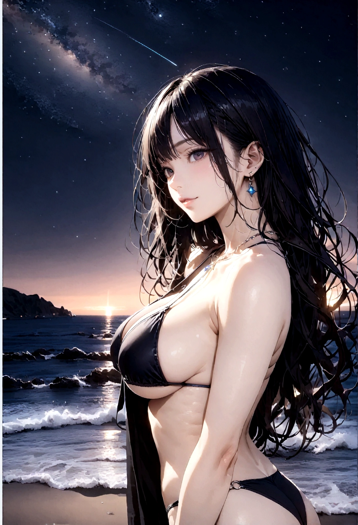 8k, masterpiece, RAW Photos, highest quality, Realistic, Very detailed, Depth of written boundary, Cinematic Light, Anatomically correct body,
One beautiful 40 year old woman, Very beautiful face, Exquisitely detailed face, (A calm and gentle face:1.4), Very delicate skin texture, Transparent muscle, Shiny white skin, Glamorous Body,
(Wavy black long hair:1.2), (Sexy Breasts:1.1), (Sexy ass:1.1),
(Brazilian Bikini Swimsuit:1.2), (Detailed cloth texture:1.2), (Gorgeous necklace:1.1), (Gorgeous earrings:1.1),
(Dark starry background:1.4), (Milky Way:1.1), (milky way:1.1), (shooting star:1.1), (Dark coastline at night:1.4), (Pitch black sea surface:1.4),
(Standing on the beach:1.2),
(Cowboy Shot:1.2),