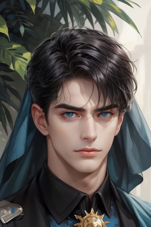 masterpiece, best quality, realistic, 1man, male focus, mature, tall muscular, handsome, [thick eyebrows], portrait, extremely detailed face, short black Quiff hair with Soft Fringe (bangs part on side 3:7 ratio), (blue eyes), no smile
