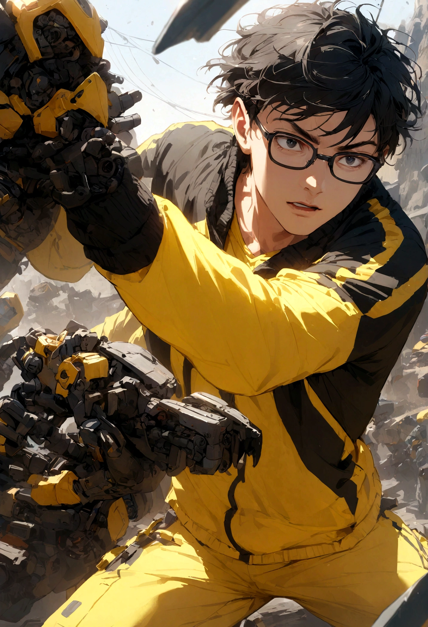 male with black hair, short hair, black eyes, black-rimmed glasses, wearing black and yellow sportswear, making robots