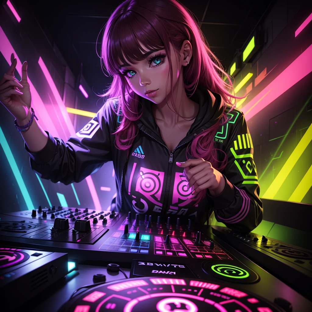 Detalhado DJ girl DJ Controller com Neon, Super vibrant music lights.