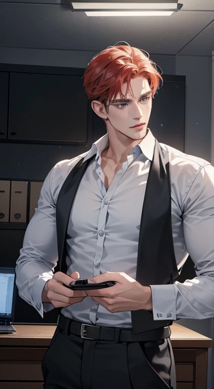 (best quality, masterpiece, 8K, photorealistic, cinematic lighting, hdr image, ultra detailed, beautiful image), 1 man, 31 years old, mature man, very handsome, (without expression, serious), short red hair, blue grey eyes ( penetrating gaze), perfect face without errors, imposing posture, without errors, businessman, office background