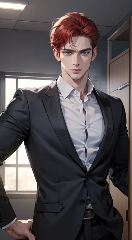 (best quality, masterpiece, 8K, photorealistic, cinematic lighting, hdr image, ultra detailed, beautiful image), 1 man, 31 years old, mature man, very handsome, (without expression, serious), short red hair, blue grey eyes ( penetrating gaze), perfect face without errors, imposing posture, without errors, businessman, office background