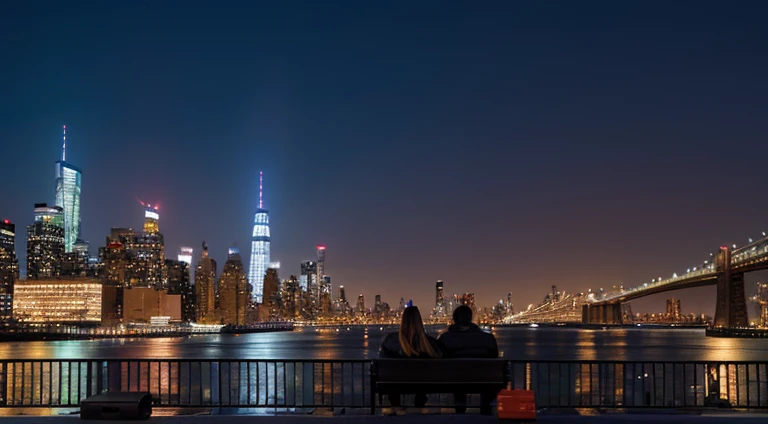 new york,skyscraper,Hudson River,bench,Night view