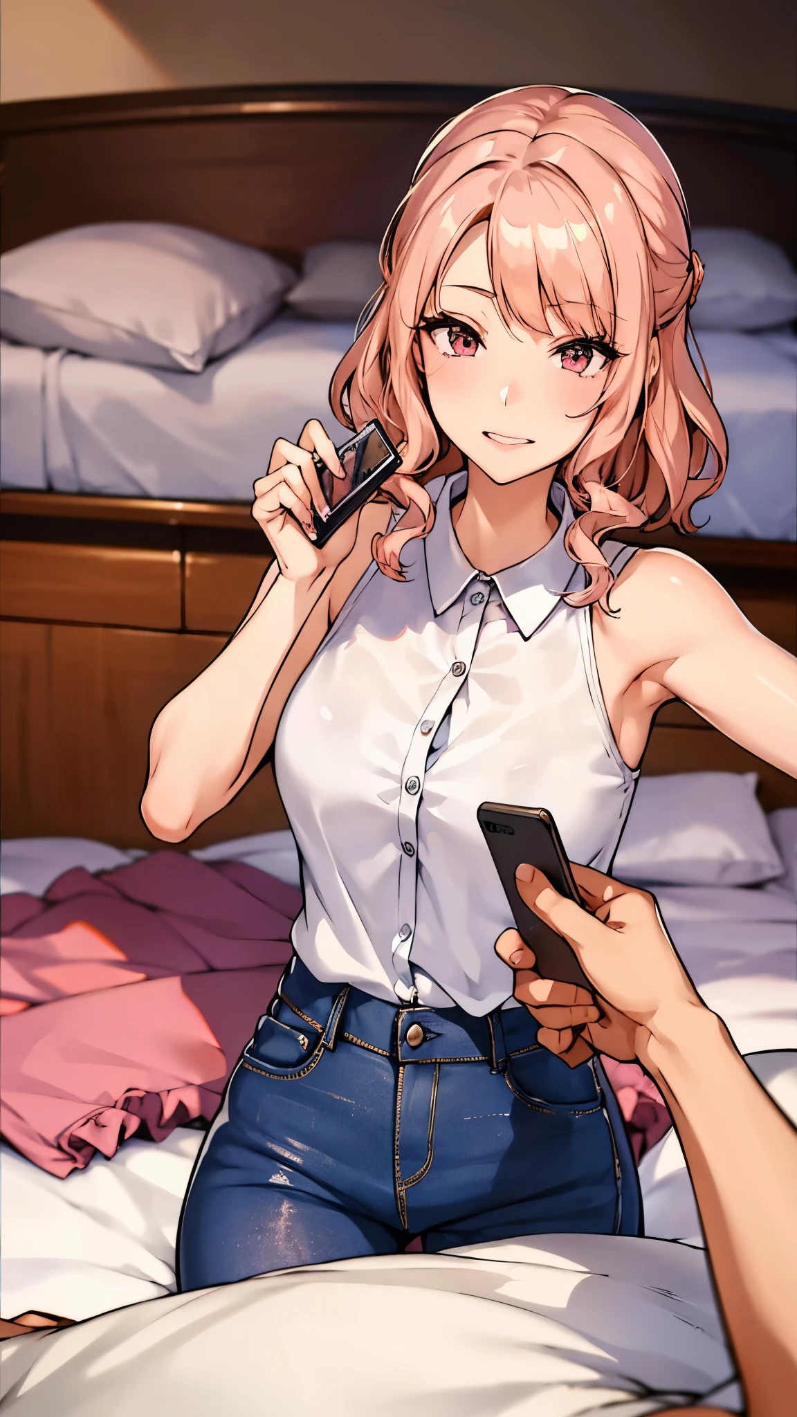 1boy,Shooting hand、1girl, POV, Hold up your smartphone screen、Girl on smartphone screen、Smartphone screen in front of the screen、Smartphone Focus、1girll、Girl in the back、Fancy makeup、Shiny pink bed、