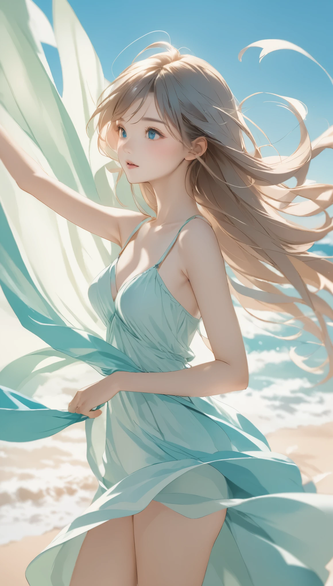 Cute girl drawn in pastel colors, Summer cloth around her, Dancing in the Wind, High quality drawings.