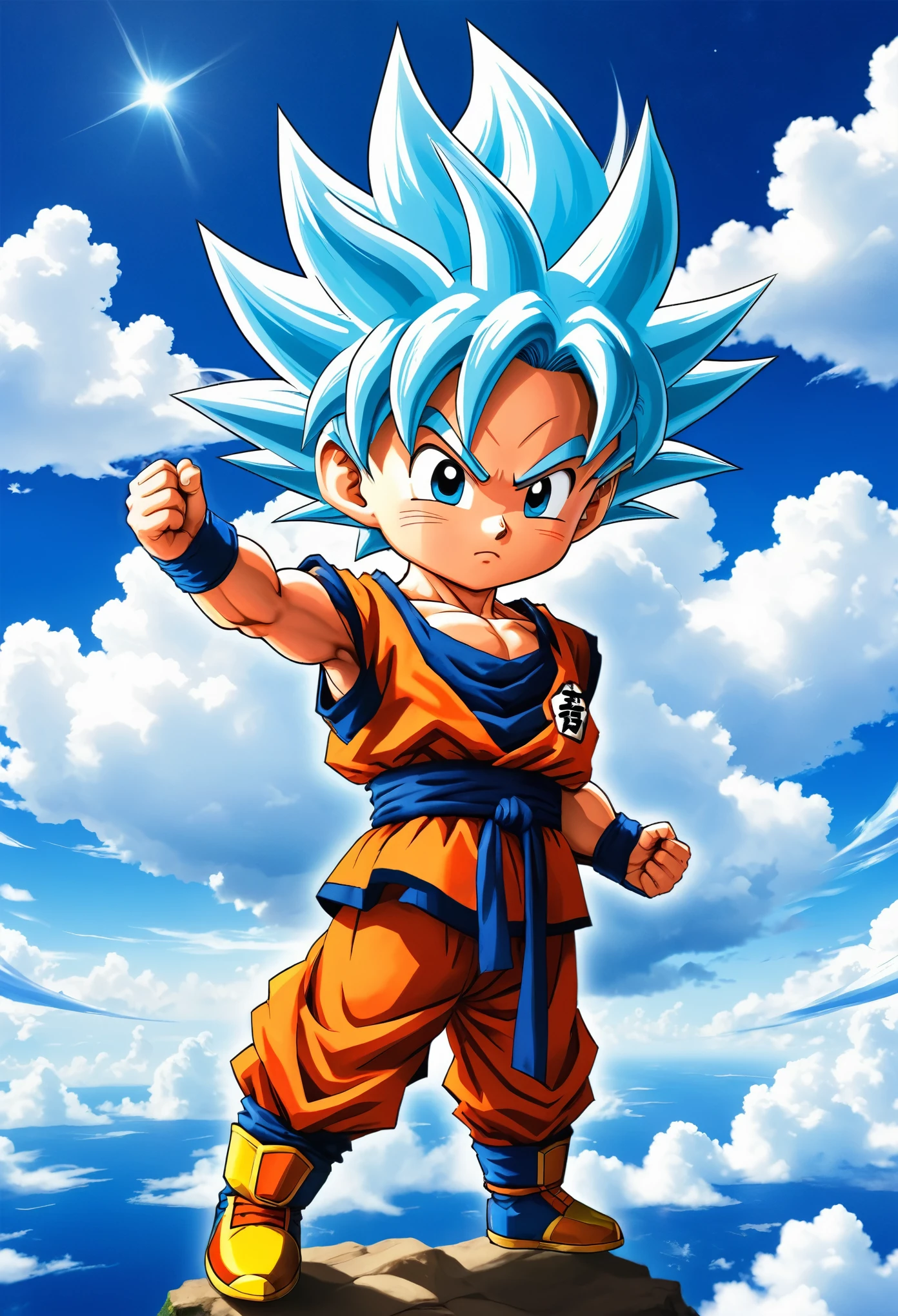 Goku Chibi, 1个boy, Male focus, Super Sayekin, Goku costume, Solitary, sky空, cloud, sky, blue sky空, boy, outdoor, Upper Body, overcast sky空