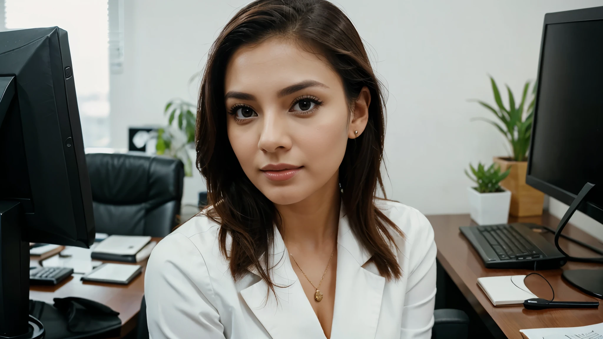 a beautiful and successful business woman inside office, wearing attractive suite for business, closeup, copy space
