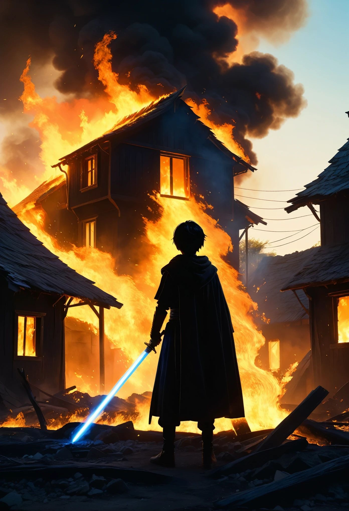Character Kentarion 16 years old, Boys, Black Hair, fire saber, environment: The village was destroyed, houses on fire. Black creatures, shadow ghost, Amber eyes, Concept Art, movie lighting, shadow, Diffraction peak, Ultra wide angle, Hasselblad, Ultra HD, masterpiece, Anatomically correct, 1080P, 4k, 8K, best quality
