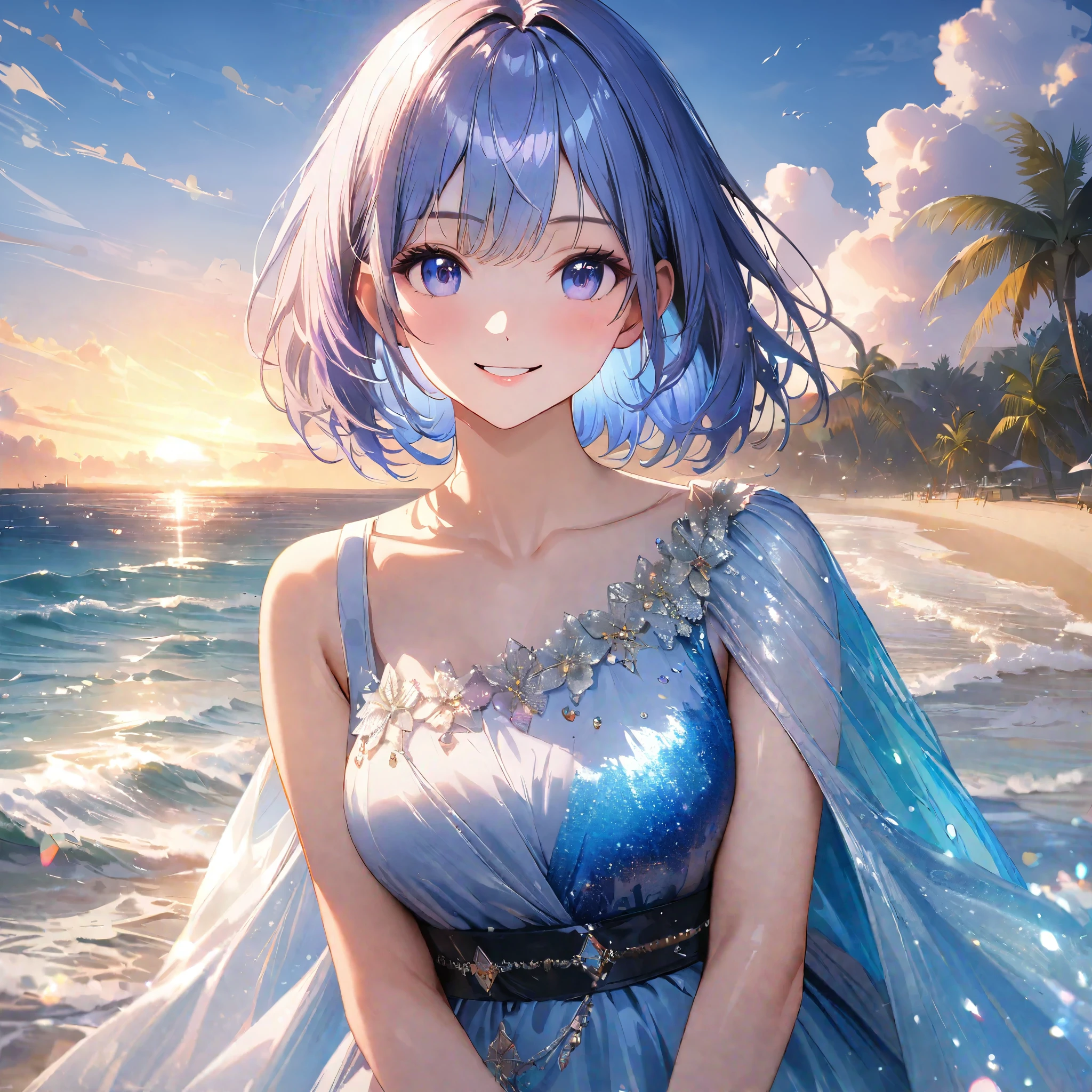 Sparkling sea and tropical ocean, Sunny sky with fluffy white clouds, Palm trees along the coast, Blur the background,Pleasant sea breeze,High school girls,short hair,smile,Glitter effect,highest quality, 4K, 8k, High resolution, masterpiece:1.2, Very detailed, Realistic:1.37, High resolution, 超High resolution, Ultra-fine painting, Sharp focus, Physically Based Rendering, Very detailedな説明, Professional, Vibrant colors