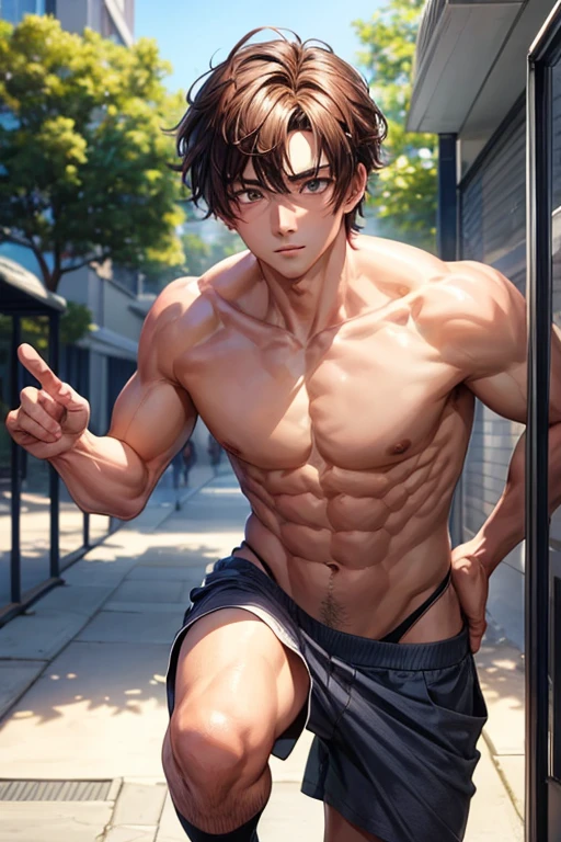 A handsome guy shyly runs naked through the schoolyard