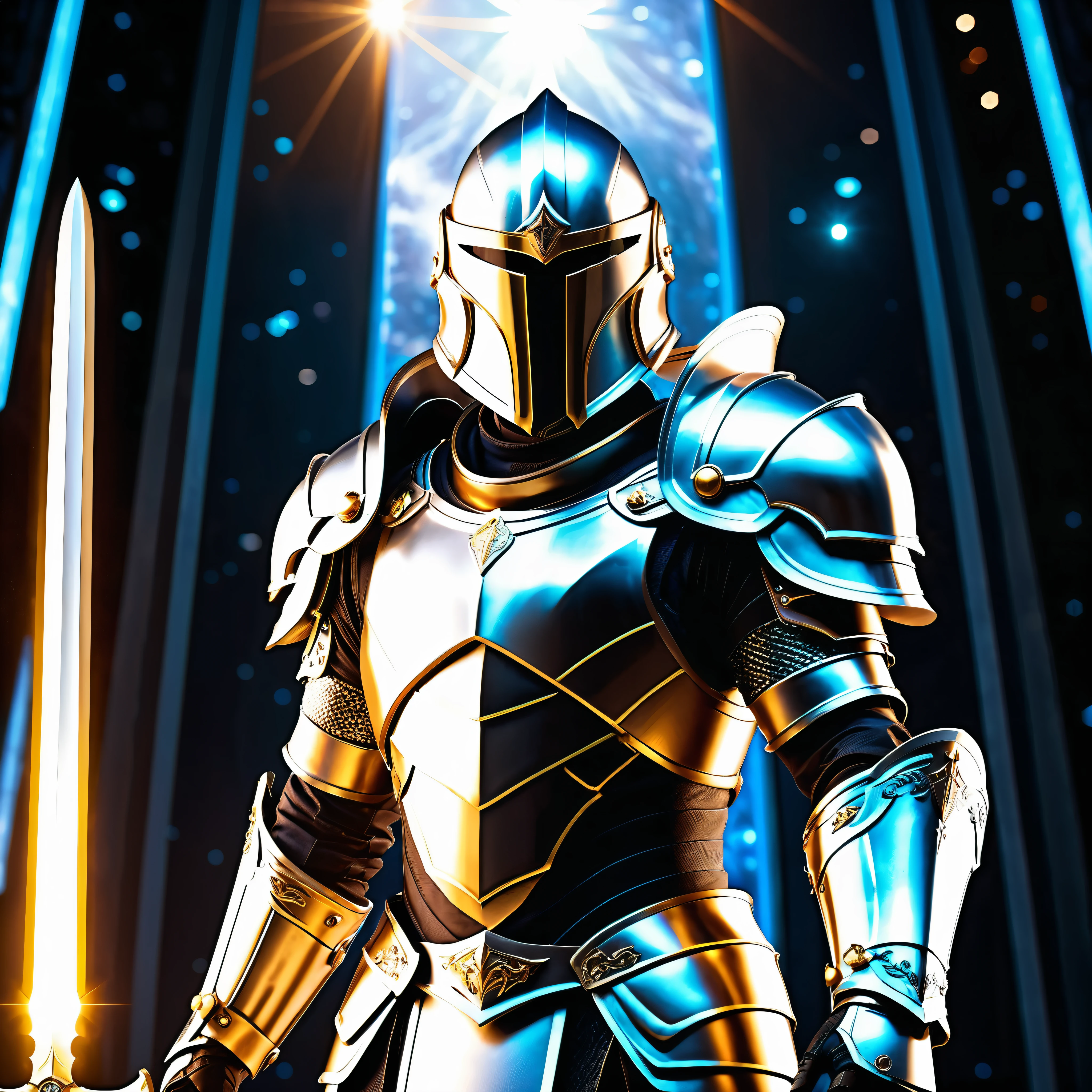 a galactic paladin in space, silver technological armor, highly detailed, hyper realistic, cinematic lighting, epic sci-fi scene, dramatic pose, glowing energy, intricate futuristic design, gleaming metal plates, advanced technology, alien environment, distant planets, celestial background, volumetric lighting, photorealistic, 8k, masterpiece, ((Mundo Medieval)), (Holds the hilt of a long, straight sword with elaborate decoration that emits a mysterious glow: 1.9), (Espadachim dhampir veterano preto), (sword that emits a mysterious light with delicate decorations:1.9), na masmorra, (Dark black full body armor with delicate ornamentation), (The armor is marked, mas delicadamente decorada:1.5), (wearing a wide-brimmed traveler&#39;s hat), (retrato de corpo inteiro:1.8), ((olha para cima)), ((Olhando para baixo)), (dramatic pose), cabelo rosa bonito, lindo cabelo prateado, lindo cabelo loiro ,manto de teia preta, aranhas na armadura, (wears worn and tattered black leather pants), (Retrato de corpo inteiro:1.8), (Traje delicadamente decorado:1.4), fantasia, ((dramatic photo)),((dynamic photo)), Full body view, Altamente detalhado, ultra-realista, detalhes intrincados, ((obra de arte,melhor qualidade)), ((Cinematic Light)), hyper realista, assustador, dark fantasia , armadura detalhada, Capacete detalhado, epic realista, desaparecido, ((cores neutras)), arte, (HDR:1.5), (cores suaves:1.2), hiper detalhado, (arte station:1.5), cinematic, luzes quentes, efeito de luz, dramatic light, (detalhes intrincados:1.1), fundo complexo, (Greg Rutkowski:0.8), (teal and orange:0.4), (Whirling lightning), (whirlwind of ice snow),(epic tMasterpiece,max best quality, ultra-highdef 256K XT3 128K ultra-highres),ultra-detailed,ultra sharp focus,varies,multi, etc. --v 6 --s 1000 --c 20 --q 5 --chaos 100