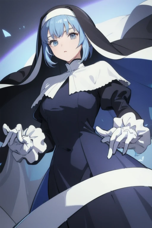 girl1, solo, nun, blue. nun outfit, puffy sleeves, cape ,long skirt, white gloves, park