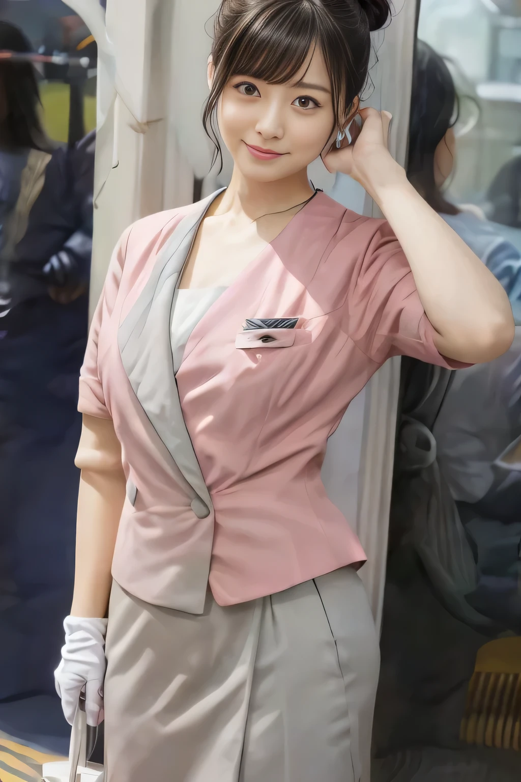 (masterpiece:1.2, highest quality:1.2), 32K HDR, High resolution, (alone、1 girl)、(On the rooftop of a building in the daytime、Professional Lighting)、Building rooftop background、(Nankai train crew uniform pinkを着たリアルスタイル)、(Nankai train crew uniform pink short sleeve collarless pink jacket、Nankai Train Crew Uniform Pink Collarless Short Sleeve Blouse、Nankai Train Crew Uniform Pink Grey Knee-length Culottes)、Dark brown hair、(Hair tied up、Hair Bun、Hair Bun)、Dark brown hair、Long Shot、Big Breasts、Thin legs、((Great hands:2.0)),((Harmonious body proportions:1.5)),((Normal limbs:2.0)),((Normal finger:2.0)),((Delicate eyes:2.0)),((Normal eyes:2.0)))、smile、(Nankai Train Crew Uniform Pink Grey Knee-length Culottesを見せた美しい歩く姿)、Place your hands around your stomach,Lanyard employee ID card