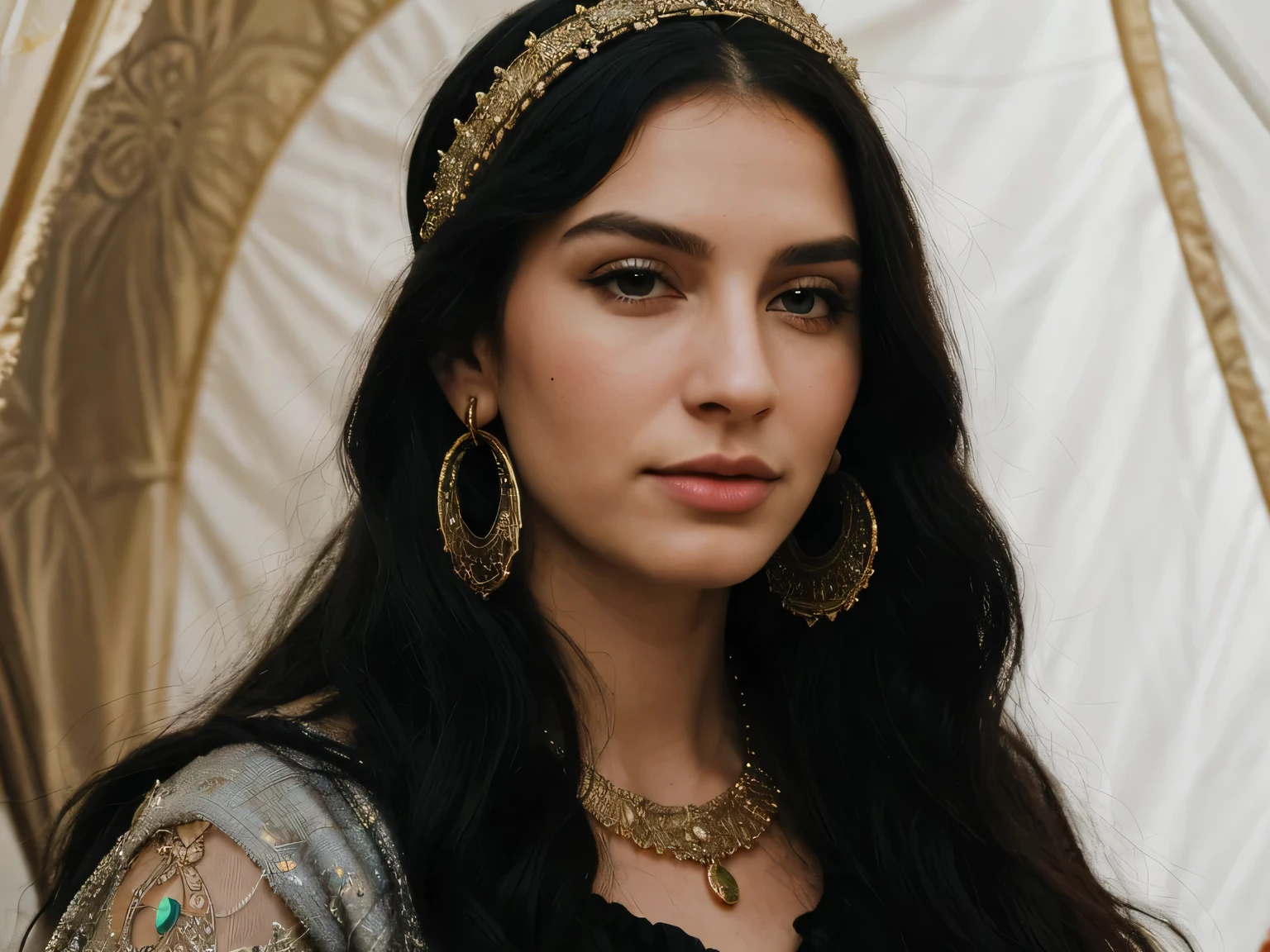 85 y/o caucasian female with beautiful detailed emerald eyes, long curly gray/black hair, dressed gypsy fortune teller with gold trim, head wrap, eye liner, welcoming, large hoop earrings, inside fortune teller tent, crystal ball, tarot cards, (best quality,4k,8k,highres,masterpiece:1.2),ultra-detailed,(realistic,photorealistic,photo-realistic:1.37),intricate details,vibrant colors,dramatic lighting,cinematic composition,fantasy portrait, hyperrealistic