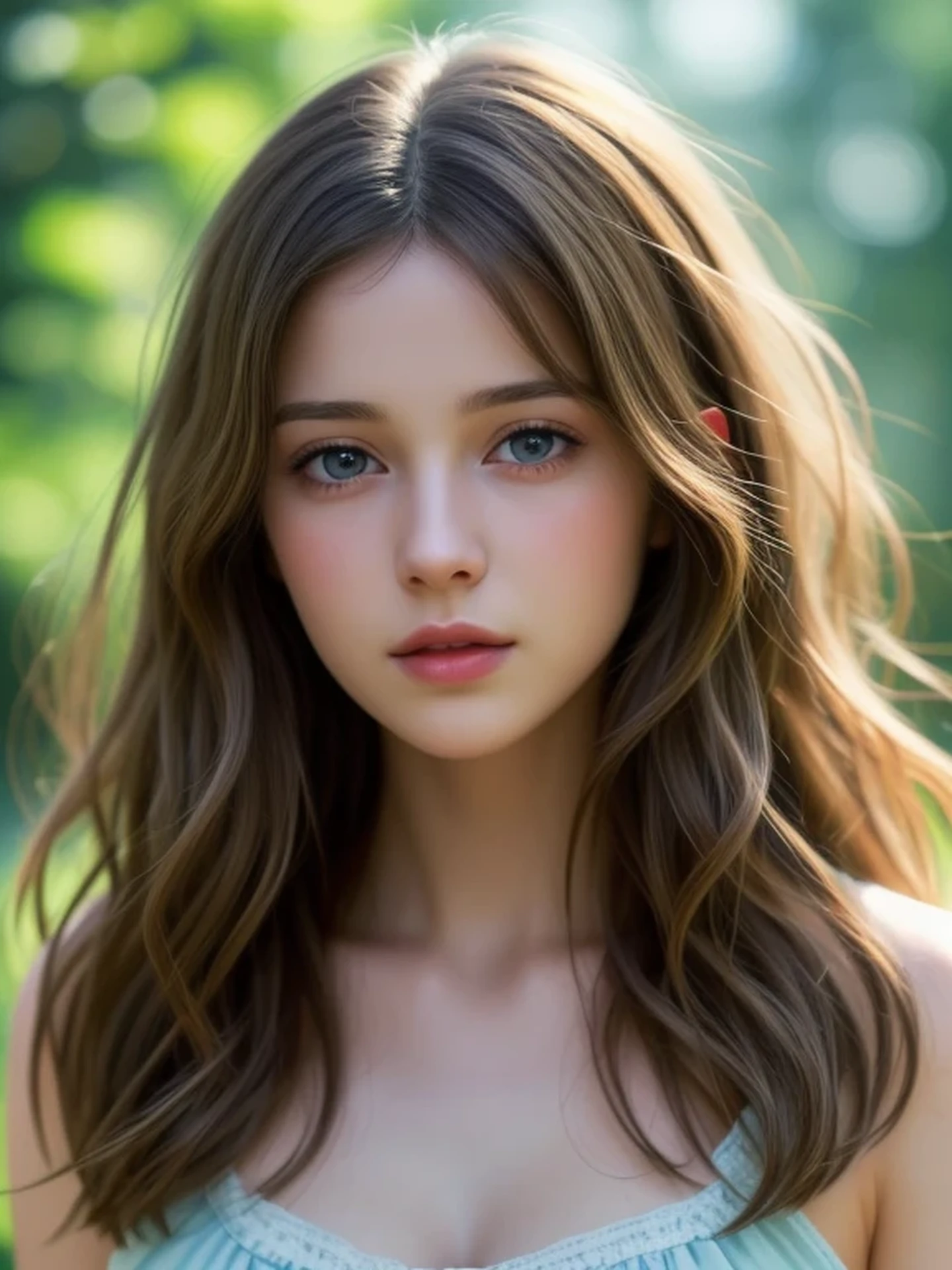(looking away:1.4), (upper body shot:1.2), Realistic digital painting of a woman portrait, Shy, Cute, open mouth to say something, sad, blue eyes, (Wavy medium Hair:1.1), (light brown brunette hair:1.3), (Highly detailed skin:1.2), Mystical style, Global Illumination,