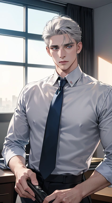 (best quality, masterpiece, 8K, photorealistic, cinematic lighting, hdr image, ultra detailed, beautiful image), 1 man, 31 years old, mature man, very handsome, (without expression, serious), short white hair, blue grey eyes ( penetrating gaze), perfect face without errors, imposing posture, without errors, businessman, office background