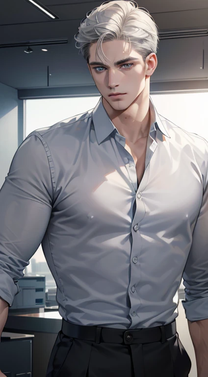 (best quality, masterpiece, 8K, photorealistic, cinematic lighting, hdr image, ultra detailed, beautiful image), 1 man, 31 years old, mature man, very handsome, (without expression, serious), short white hair, blue grey eyes ( penetrating gaze), perfect face without errors, imposing posture, without errors, businessman, office background