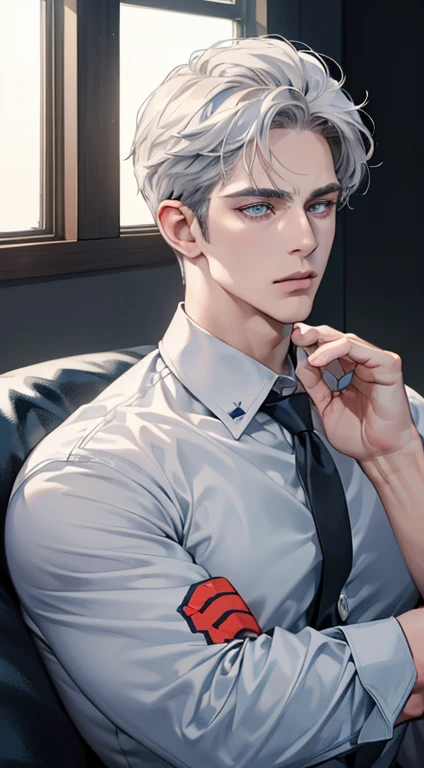 (best quality, masterpiece, 8K, photorealistic, cinematic lighting, hdr image, ultra detailed, beautiful image), 1 man, 31 years old, mature man, very handsome, (without expression, serious), short white hair, blue grey eyes ( penetrating gaze), perfect face without errors, imposing posture, without errors, businessman, office background