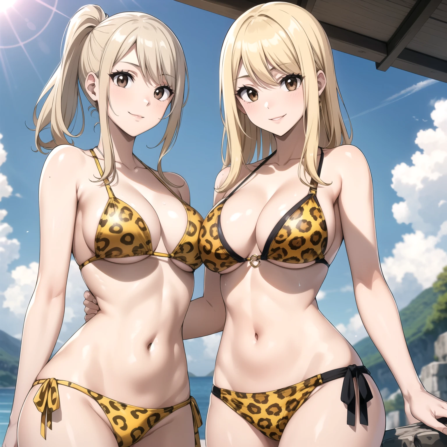 Lucy Heartfilia,  Female 27 years old, cabello rubio, Brown eyes ,sonrisa, yellow leopard bikini, gotas de agua en su pecho, fondo un balneario. sunny day. cuerpo completo. rubia, pelo rubio 