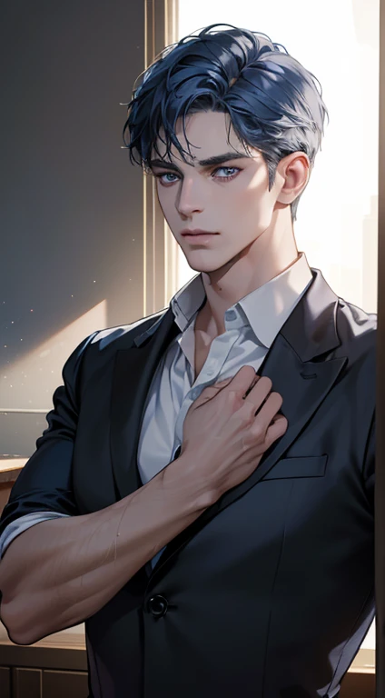 (best quality, masterpiece, 8K, photorealistic, cinematic lighting, hdr image, ultra detailed, beautiful image), 1 man, 31 years old, mature man, very handsome, (without expression, serious), short blue hair, blue grey eyes ( penetrating gaze), perfect face without errors, imposing posture, without errors, businessman, office background