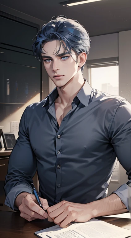 (best quality, masterpiece, 8K, photorealistic, cinematic lighting, hdr image, ultra detailed, beautiful image), 1 man, 31 years old, mature man, very handsome, (without expression, serious), short blue hair, blue grey eyes ( penetrating gaze), perfect face without errors, imposing posture, without errors, businessman, office background