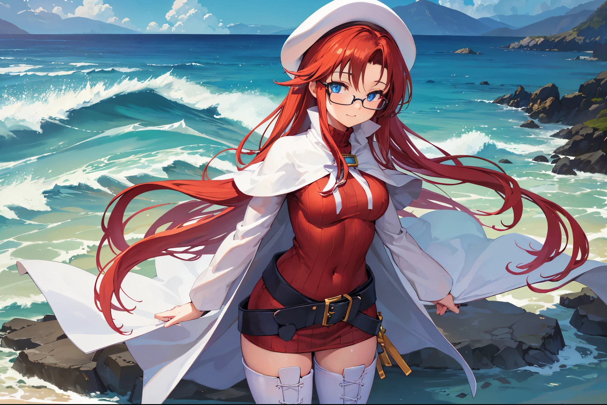 summonnightaty, aty, (young:1.3),long hair, blue eyes, red hair, big_tits, hat, glasses,
BREAK long hair, thighhighs, hat, dress, naked_legs, glasses, belt, cape, sweater, zettai ryouiki, beret, thigh boots, white footwear, ribbed sweater, loose belt,solo,
BREAK outdoors, fantasy,on_beach,
,Highquality_hads,perfect_fingers,
BREAK (masterpiece:1.2), best quality, high resolution, unity 8k wallpaper, (illustration:0.8), (beautiful detailed eyes:1.6), extremely detailed face, perfect lighting, extremely detailed CG, (perfect hands, perfect anatomy),covered_nipples,covered_navel ,half_eyes,long_sword,sleepy,red_sweater,apart_knees,magical_effect,spread_legs, have_a_book,teacher,rise_knee,Smile,rise_hand,look_down_viewer,spread_arms,sea​_waves,looking_into,blue_sky,plump,open_mouth, dynamic_posing