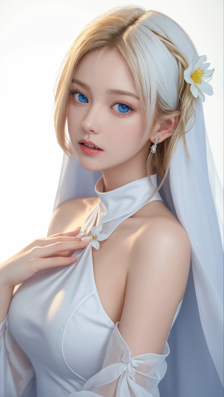 1 miniature Beautiful beautiful woman - Yuan Sayuki, ((top quality, 8K, masterpiece:1.gorgeous, 1 woman, Huge breasts:1.3, A slim body:1.1, lush white long hair, (shower, wet body, wet clothes:1.1), very detailed face, Detailed lips, Detailed eyes, Double eyelids, Detailed blue eyes, чрезвычайно Detailed Outstanding Blue Eyes, short white wet hair, white wet hair, Detailed Outstanding Blue Eyes, innocent look at the viewer, very wet wavy white hair, Detailed Outstanding Blue Eyes, huge cross earrings, On open air, badges behind, gothic wedding uniform, sexy gothic style wedding dress with veil, bare chest, huge chest tattoo wearing a wreath, detailed huge earrings, chest tattoo, Outside - trees and a Buddhist temple in the background., wear a silver cross (Detailed cross shape), reality mode, Wet breasts, black necklace, black wedding dress and black veil, human crowd behind, head/forehead chain veil, Black latex gloves, bare chest, bare chest, bare nipples, snow white hair, night time, red neon lights, demon nun, cloud (golden lighting ring above her head), an angel