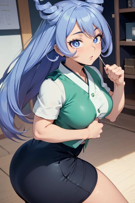 (\Nejire hado)/,(\Character from the Boku no Hero Academia series)/,(\Hippinating the ass for the viewer)/,(\wearing)/,+,(\A traditional Japanese female uniform consisting of a straight pencil skirt that highlights the butt and is short and sexy and a blue blouse with dark tones that is tight and sexual with a neckline that shows the Breast piggy bank)