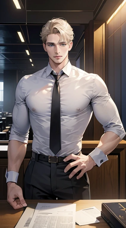 (best quality, masterpiece, 8K, photorealistic, cinematic lighting, hdr image, ultra detailed, beautiful image), 1 man, 31 years old, mature man, very handsome, (without expression, serious), short golden hair, blue grey eyes ( penetrating gaze), perfect face without errors, imposing posture, without errors, businessman, office background