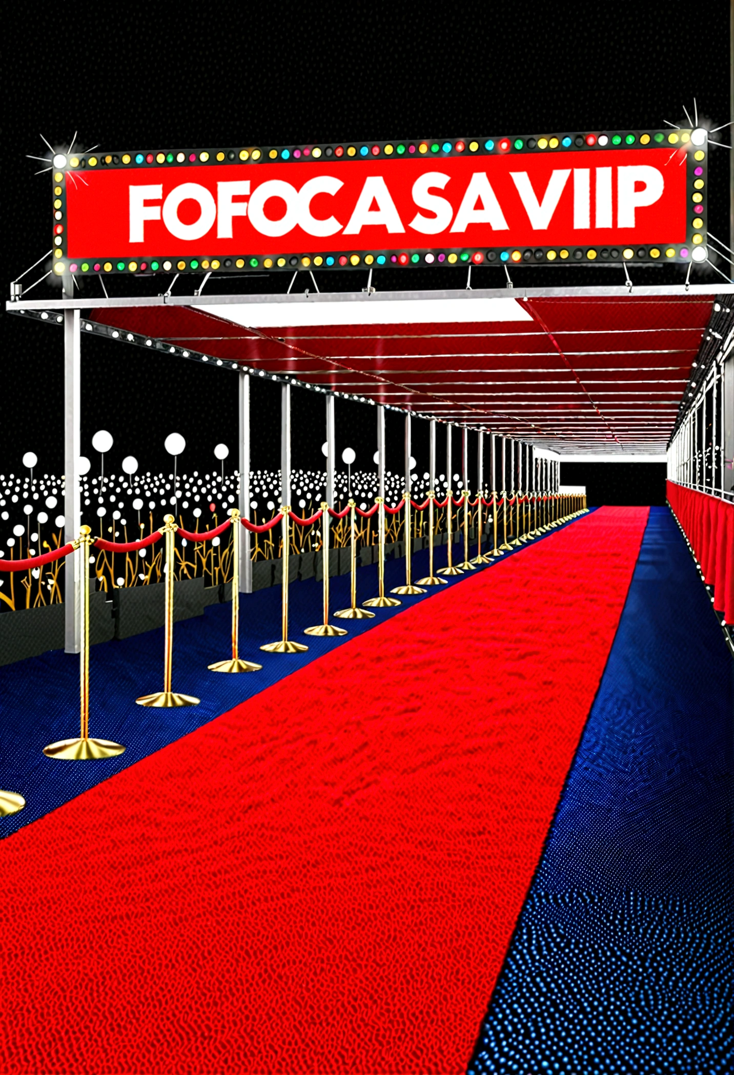 3D Realist ultrarealist A paparazzi shot of a celebrity event, with the title of a fictional movie "FOFOCASVIP" prominently displayed on a marquee. The glamorous event is attended by A-list stars in their finest attire, clad in vibrant colors and elegant fashion. The atmosphere is bustling with excitement, and the background is filled with flashbulbs popping as the celebrities pose for photos. The overall ambiance is upbeat, glamorous, and filled with the energy of a red carpet event.