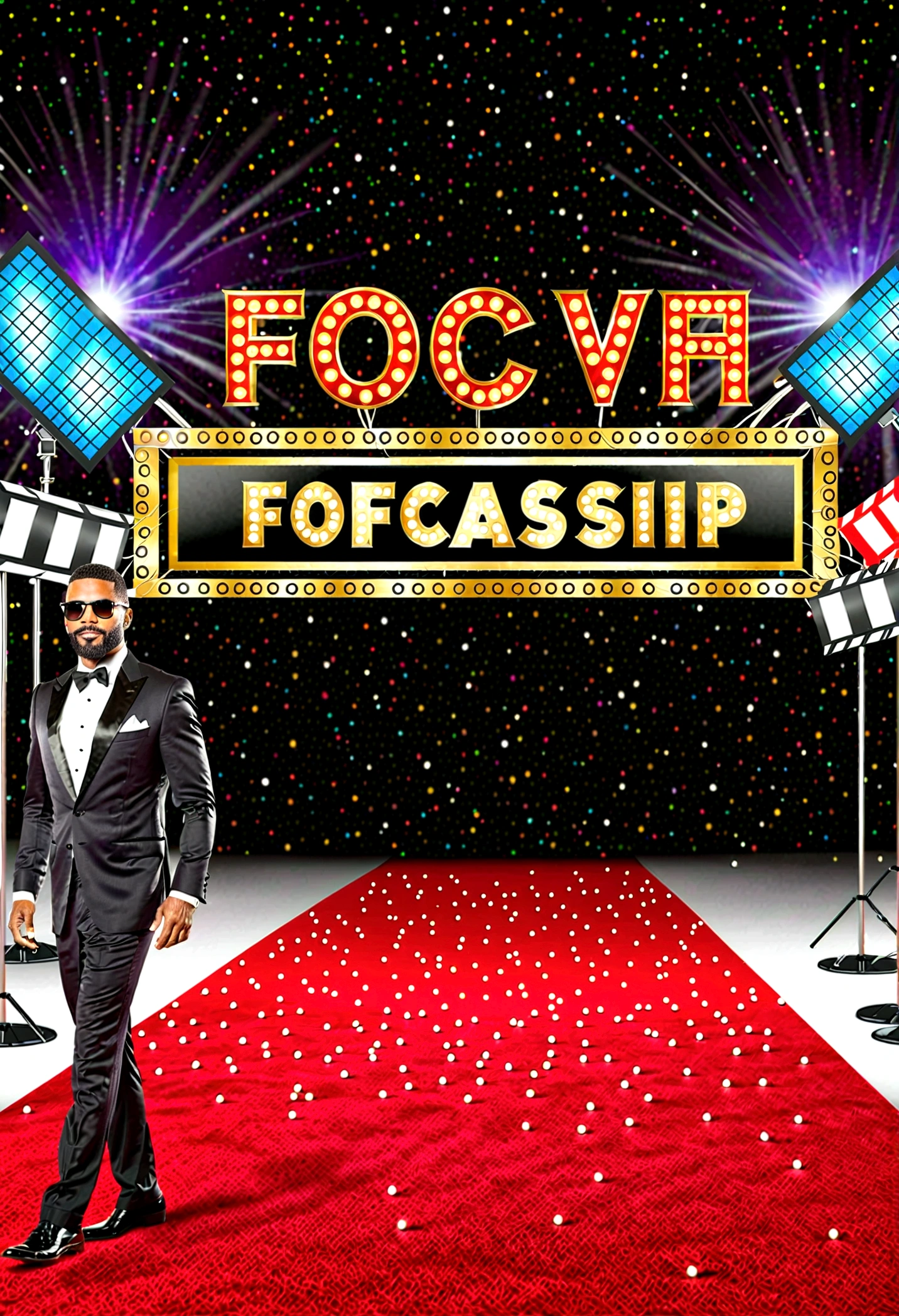 3D Realist ultrarealist A paparazzi shot of a celebrity event, with the title of a fictional movie "FOFOCASVIP" prominently displayed on a marquee. The glamorous event is attended by A-list stars in their finest attire, clad in vibrant colors and elegant fashion. The atmosphere is bustling with excitement, and the background is filled with flashbulbs popping as the celebrities pose for photos. The overall ambiance is upbeat, glamorous, and filled with the energy of a red carpet event.