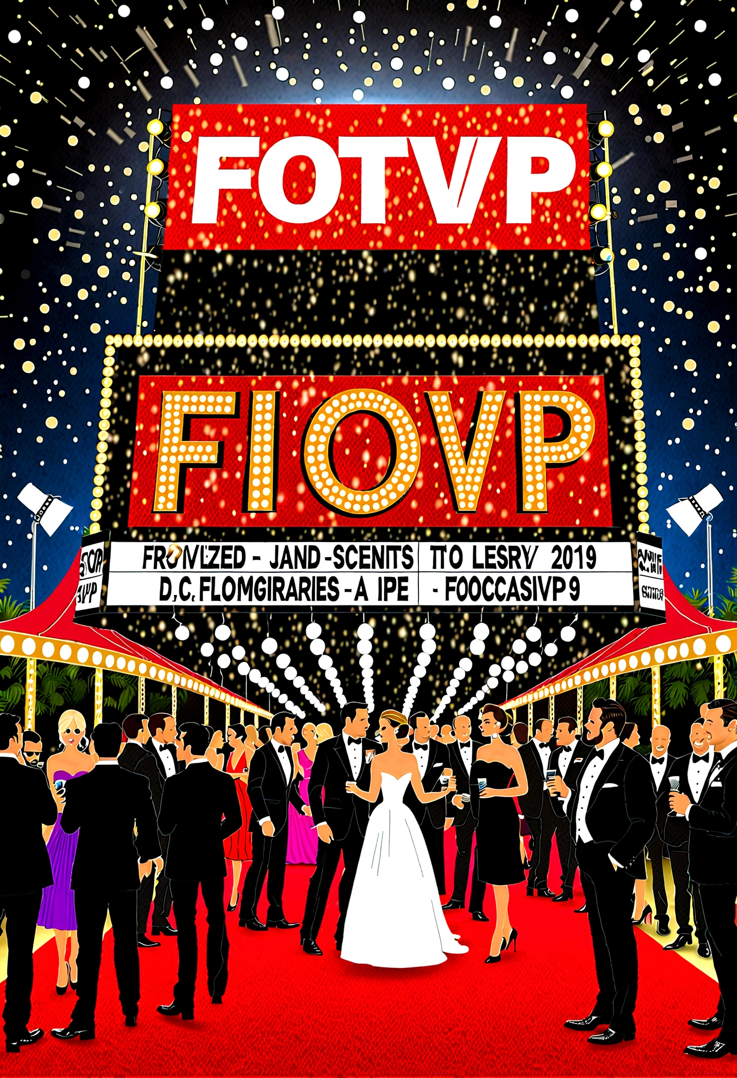 3D Realist ultrarealist A paparazzi shot of a celebrity event, with the title of a fictional movie "FOFOCASVIP" prominently displayed on a marquee. The glamorous event is attended by A-list stars in their finest attire, clad in vibrant colors and elegant fashion. The atmosphere is bustling with excitement, and the background is filled with flashbulbs popping as the celebrities pose for photos. The overall ambiance is upbeat, glamorous, and filled with the energy of a red carpet event.