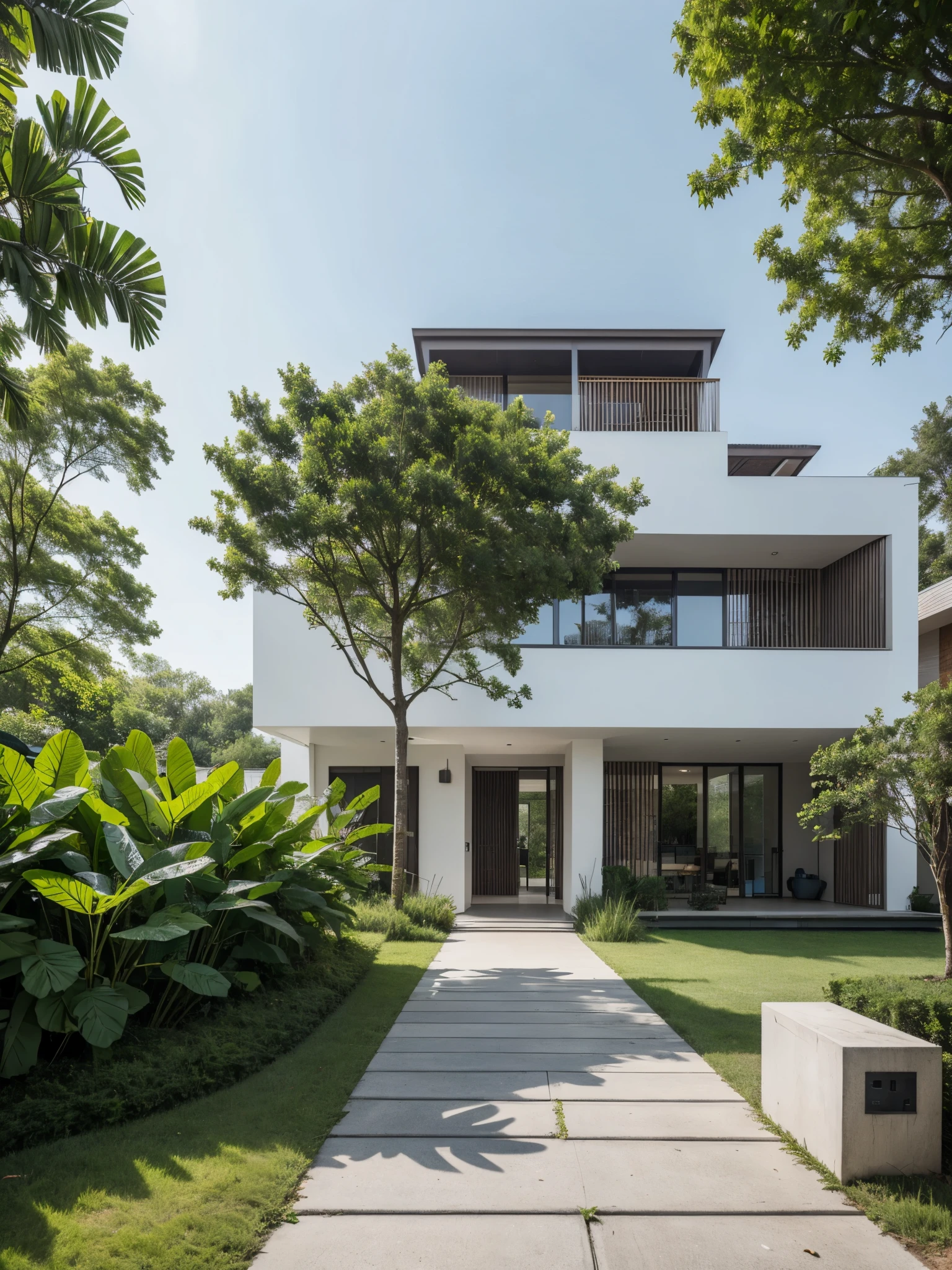 RAW photo of minimalist and modern one-story house, in the new residential area, (road), street, gate, facing the road, (sidewalk), sidewalk tree, Lotus pond and banana trees around, in the style of editorial photography, Canon EOS, ((realistic)), (Sharpen:1.4)