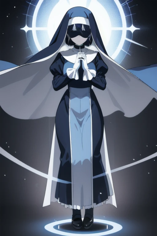 girl1, solo, nun, blue nun outfit, puffy sleeves, blue cape ,blue long skirt, white gloves, long deep black veil, vail cover her face,look at viewer) ,no face detail, vail covered face, (perfect skin),(no emotion ), anime, (full body) 