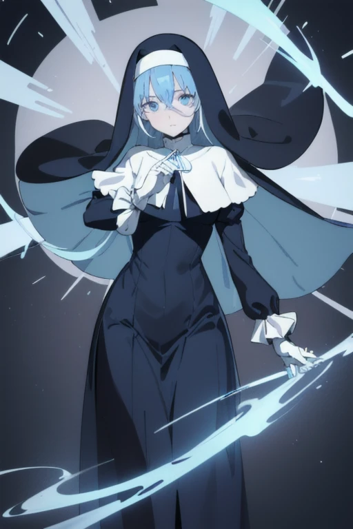 girl1, solo, nun, blue nun outfit, puffy sleeves, blue cape ,blue long skirt, white gloves, long deep black veil, vail cover her face,look at viewer) ,no face detail, vail covered face, (perfect skin),(no emotion ), anime, (full body)