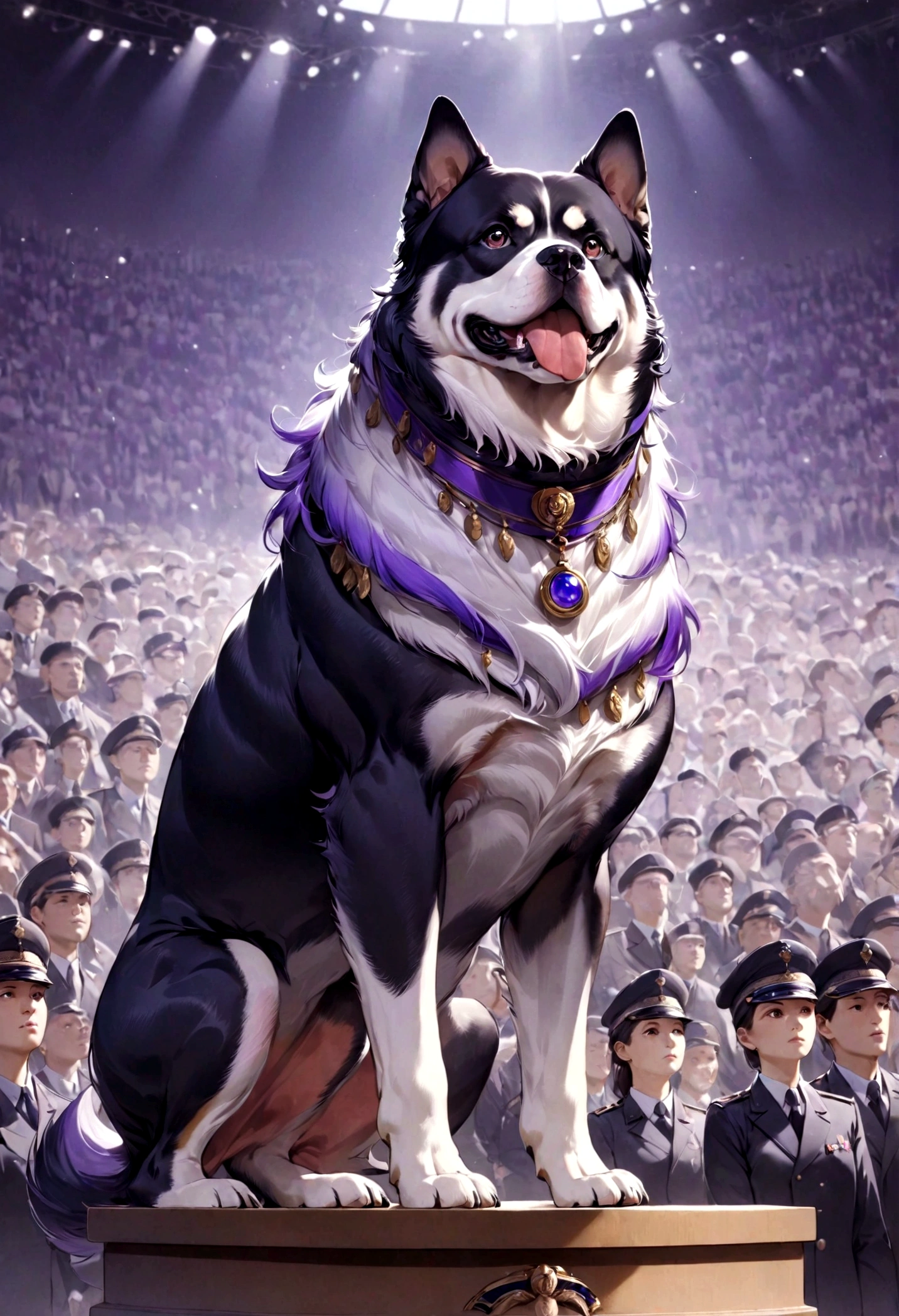 Create an image of a dog symbolizing the traits of a commander (ENTJ). The dog should have a confident and authoritative expression, exuding charisma and leadership. It should appear capable of rallying a crowd under a common goal, with a demeanor that reflects its strong will, motivation, and sharp intellect. The scene should include elements that evoke a sense of leadership and strategic planning, such as a podium, a map, or a group of followers looking up to the dog. The primary theme color should be purple, with the dog's fur or background featuring various shades of purple to highlight its unique and commanding presence. The overall atmosphere should reflect the dog's ability to achieve goals and lead others, capturing the essence of a rare but highly influential personality type.