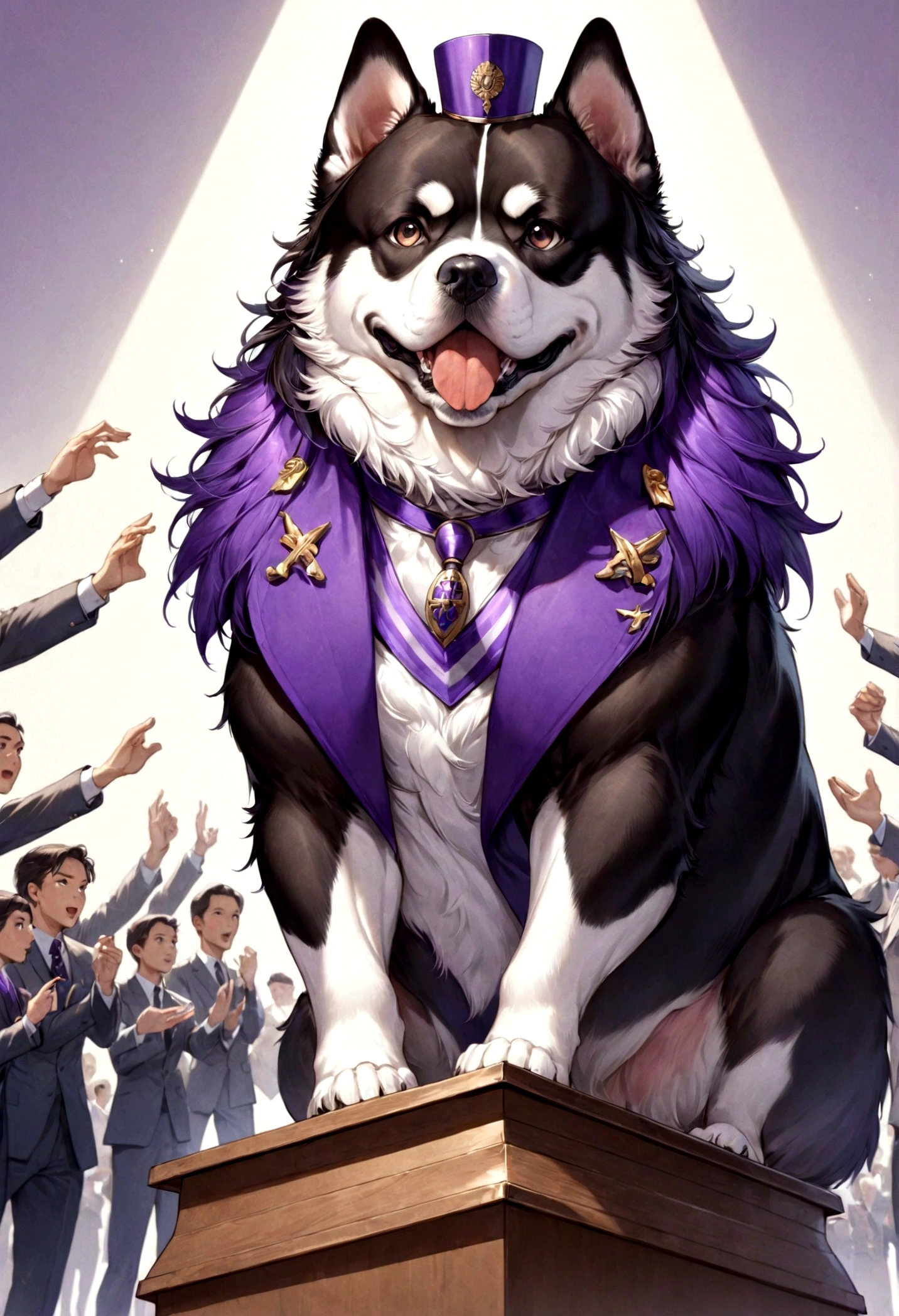Create an image of a dog symbolizing the traits of a commander (ENTJ). The dog should have a confident and authoritative expression, exuding charisma and leadership. It should appear capable of rallying a crowd under a common goal, with a demeanor that reflects its strong will, motivation, and sharp intellect. The scene should include elements that evoke a sense of leadership and strategic planning, such as a podium, a map, or a group of followers looking up to the dog. The primary theme color should be purple, with the dog's fur or background featuring various shades of purple to highlight its unique and commanding presence. The overall atmosphere should reflect the dog's ability to achieve goals and lead others, capturing the essence of a rare but highly influential personality type.
