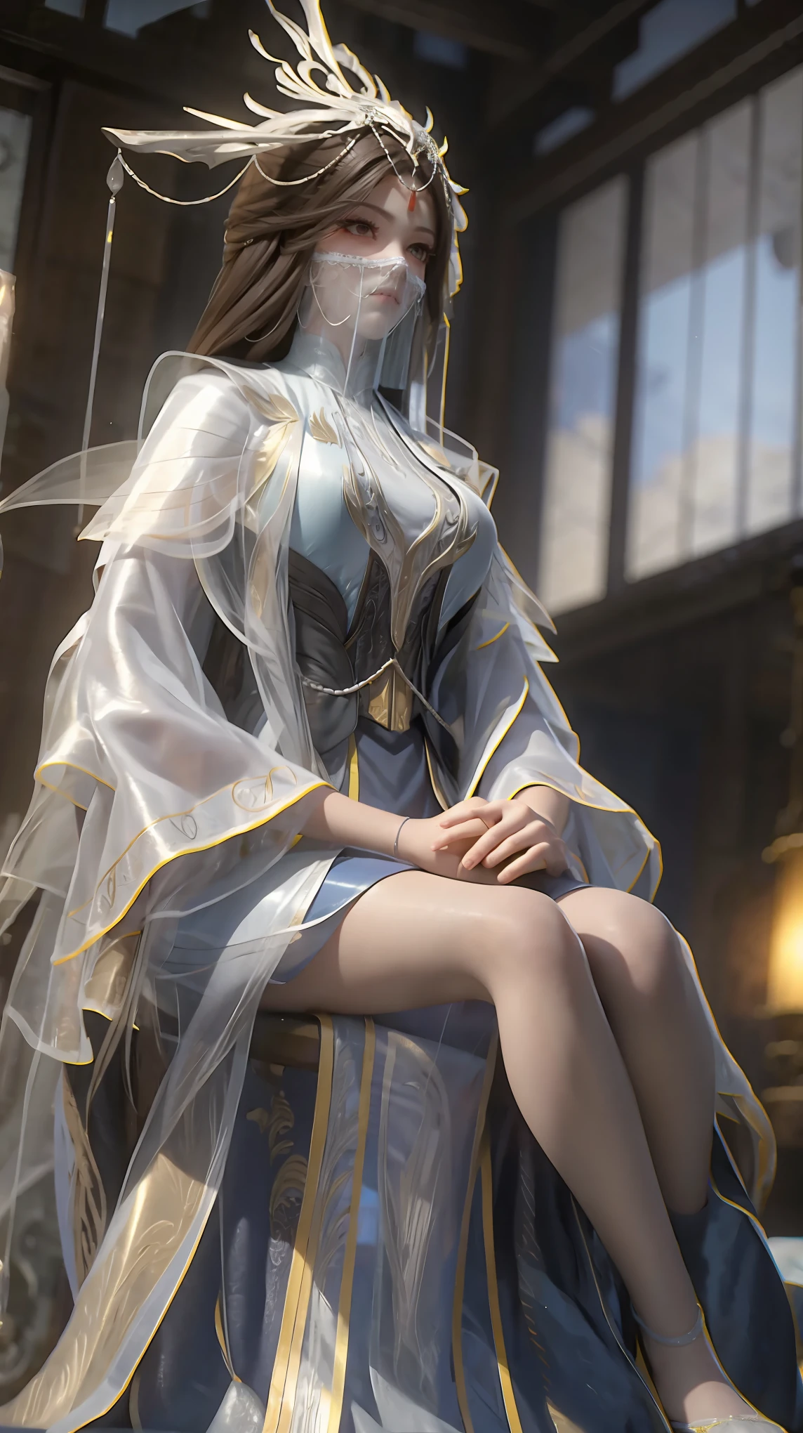 Arad woman in a dress sitting on a throne, cute anime waifu in a nice dress, trending on cgstation, 8K high quality detailed art, anime barbie in white, highly detailed exquisite fanart, Extremely detailed Artgerm, the anime girl is crouching, Flowing magic robe, Beautiful and attractive anime woman, WLOP 和 Sakimichan，With a translucent veil，（（The face is covered with a veil））