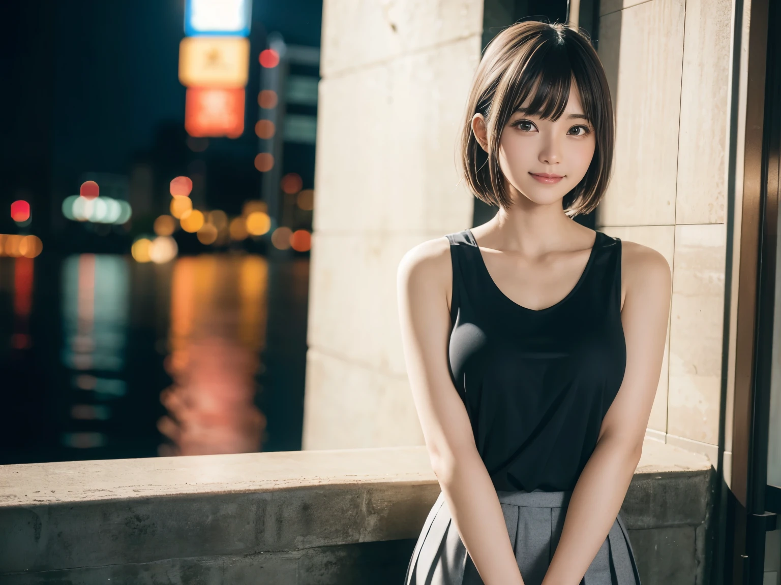 (Realistic: 1.4), (highest quality: 1.4), Ultra-high resolution, (fine grain),Full Body Shot,((Pose for gravure photography)),1. High school girl、Short princess cut、(Straight bangs)、,1 girl, Tokyo, night, Cityscape, City lights, Tank top,Black pleated skirt, smile, (8k, RAW Photos, highest quality, masterpiece: 1.2), (Genuine, photoGenuine: 1.37),smile,Idol,