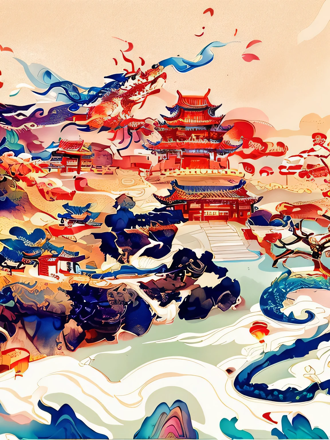 watercolor dragon tower, Chinese watercolor style, Chinese style, Chinese painting style, Chinese Art Style, Watercolor illustration style, Traditional Chinese watercolor painting, Chinese Dreamland, Chinese Fantasy, Japanese style, Landscape Artwork, Traditional Chinese Art, Fantasy Chinatown, Oriental Wallpaper, In line with Chinese aesthetics, A beautiful artistic illustration
