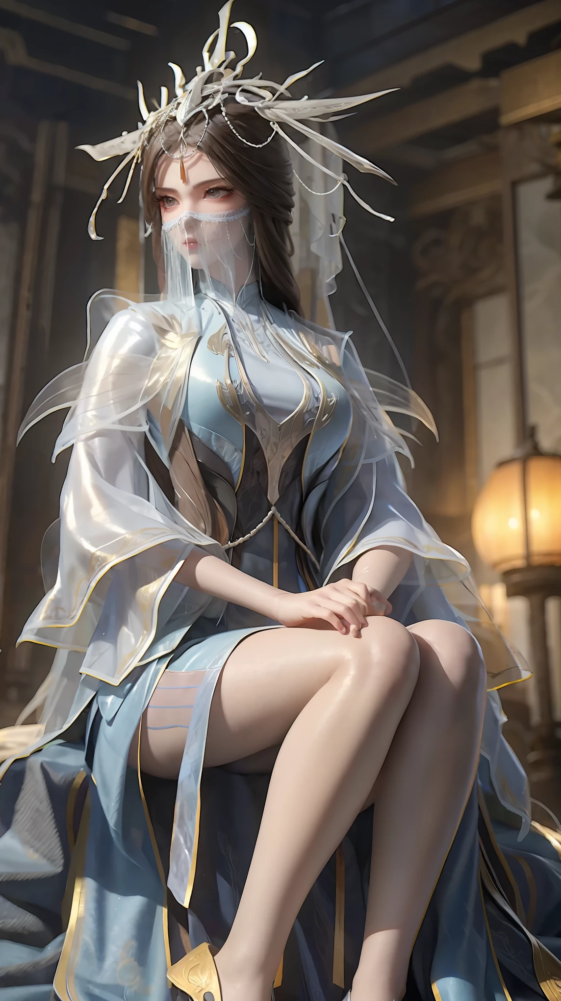 Arad woman in a dress sitting on a throne, cute anime waifu in a nice dress, trending on cgstation, 8K high quality detailed art, anime barbie in white, highly detailed exquisite fanart, Extremely detailed Artgerm, the anime girl is crouching, Flowing magic robe, Beautiful and attractive anime woman, WLOP 和 Sakimichan,With a translucent veil,((The face is covered with a veil))