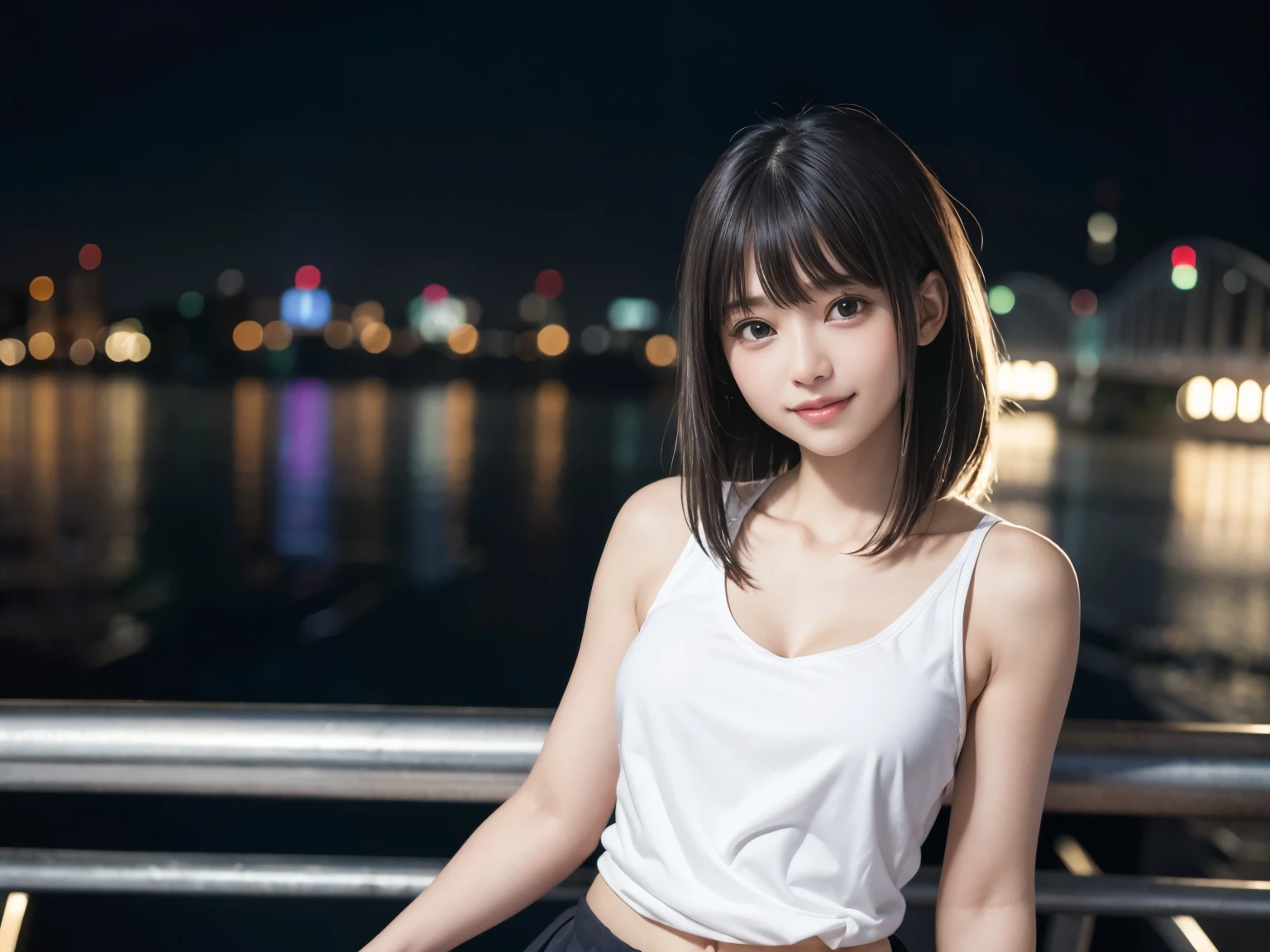 (Realistic: 1.4), (highest quality: 1.4), Ultra-high resolution, (fine grain),Full Body Shot,((Pose for gravure photography)),1. High school girl、Short Cut、(Straight bangs)、,1 girl, Tokyo, night, Cityscape, City lights, Black camisole,Black pleated skirt, smile, (8k, RAW Photos, highest quality, masterpiece: 1.2), (Genuine, photoGenuine: 1.37),smile,Idol,
