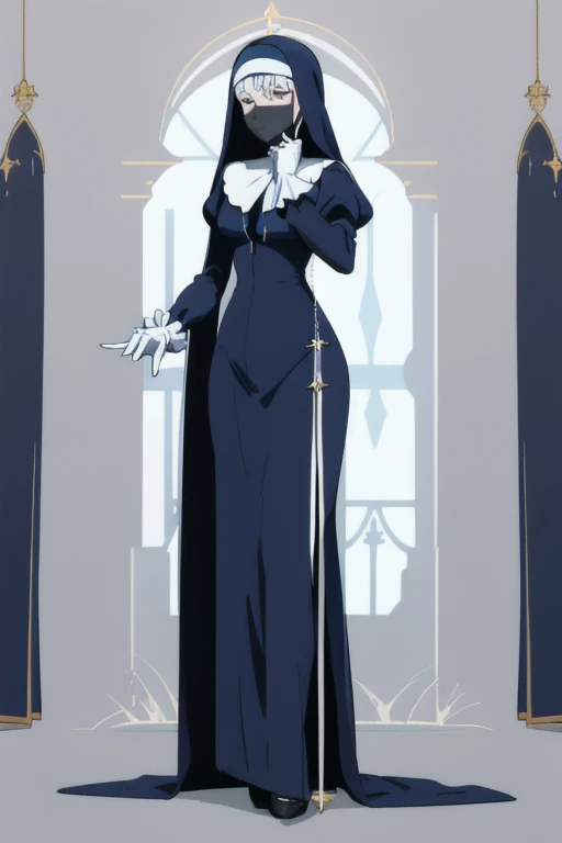 Mature women, nun, blue nun outfit, puffy sleeves, blue cape ,blue long skirt, white gloves, long deep black veil, vail cover her face,(look at viewer) ,no face detail, vail covered face, (perfect skin),(no emotion ), anime, (full body) 