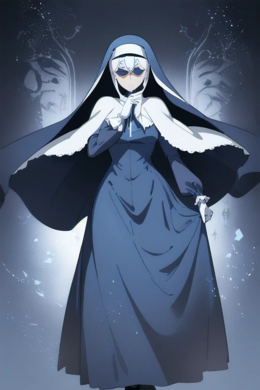 Mature women, nun, blue nun outfit, puffy sleeves, blue cape ,blue long skirt, white gloves, long deep black veil, vail cover her face,(look at viewer) ,no face detail, vail covered face, (perfect skin),(no emotion ), anime, (full body) 