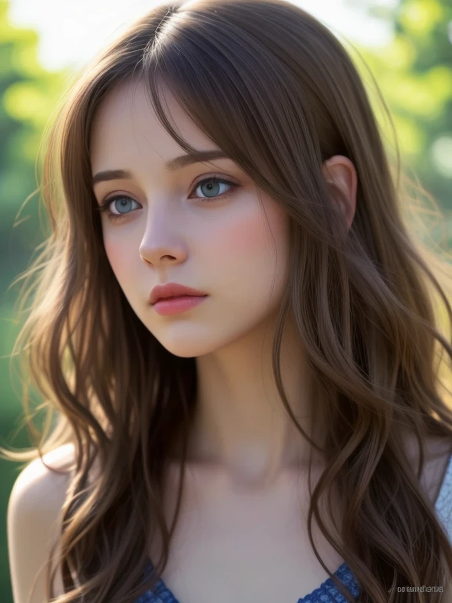 (looking away:1.4), (upper body shot:1.2), Realistic digital painting of a woman portrait, Shy, Cute, open mouth to say something, sad, blue eyes, (Wavy medium Hair:1.1), (light brown brunette hair:1.3), (Highly detailed skin:1.2), Mystical style, Global Illumination,
