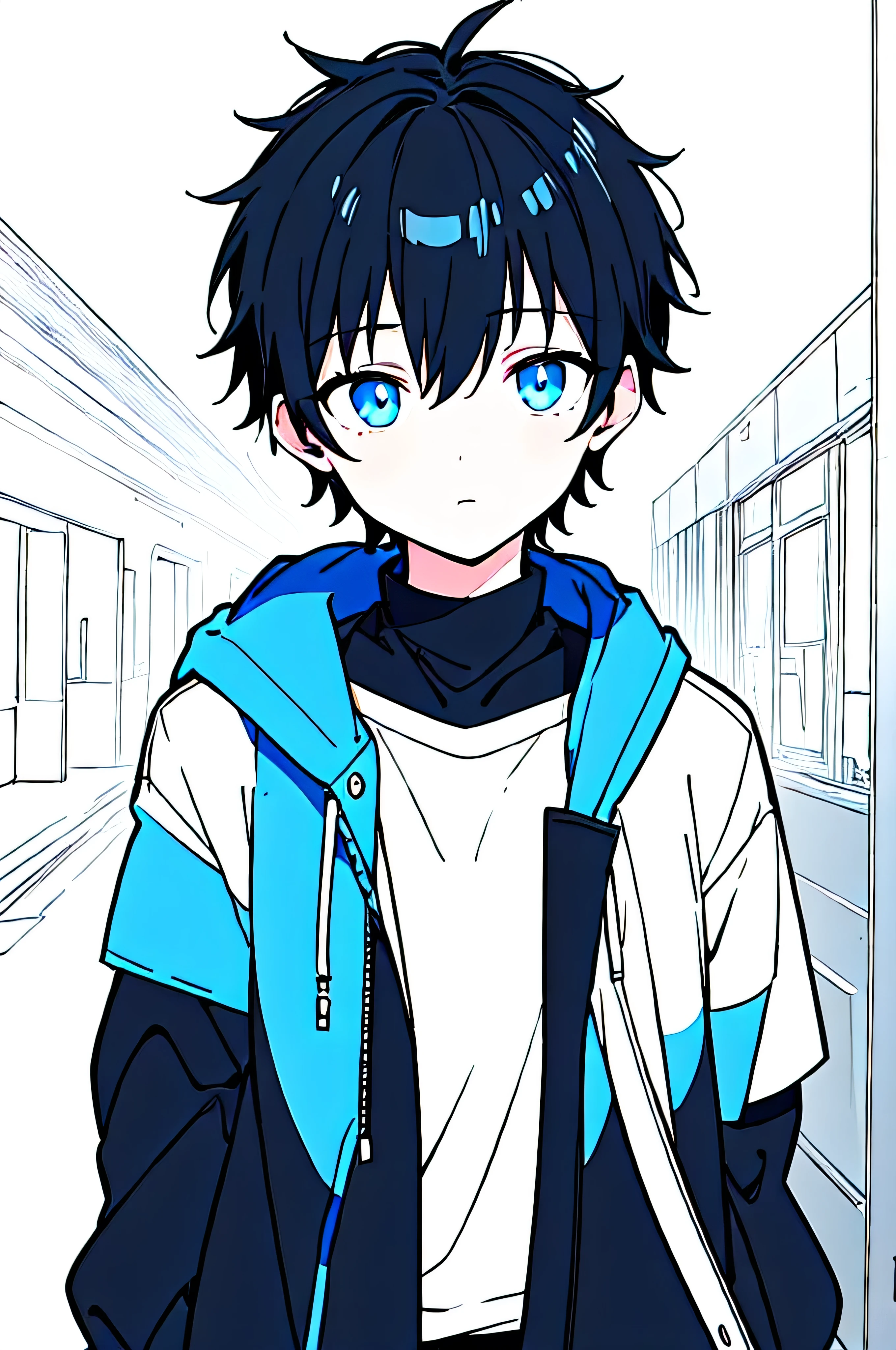 [(WHITE BACKGROUND:1.5),::5], ((((masterpiece)))), high quality, ultra_very_high_resolution, large_filesize, upper body, (blue base), full color, ((solo)), (()), (((black short hair))), blue eyes, anime, neon light, black parka,