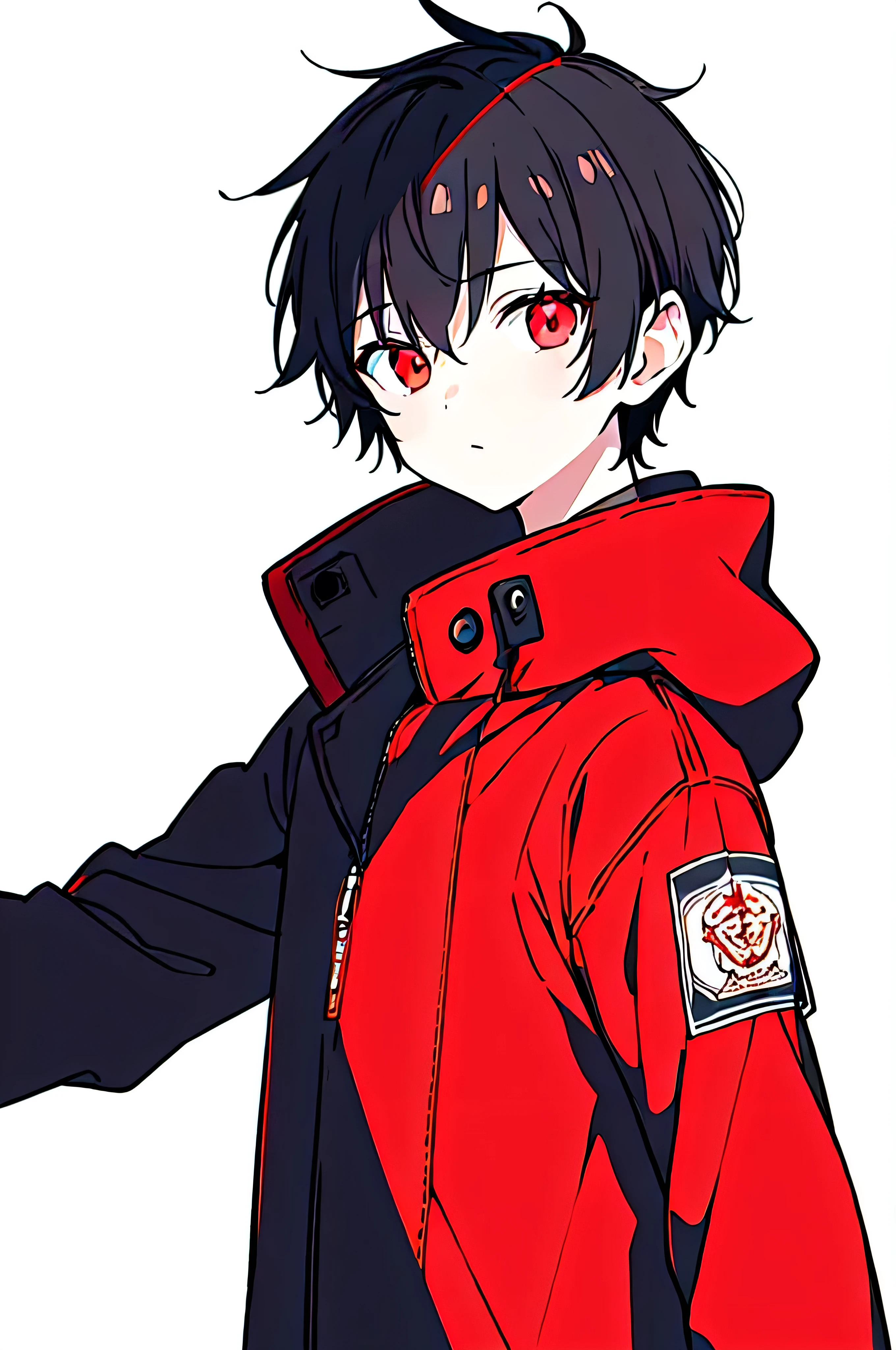 [(WHITE BACKGROUND:1.5),::5], ((((masterpiece)))), high quality, ultra_very_high_resolution, large_filesize, (upper body), (red base), full color, ((solo)), ((little boy)), (((black short hair))), red eyes, anime, neon light, black parka,